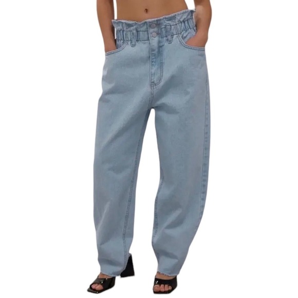 OAK + Fort White High Rise Paper Bag Wide Leg Raw Hem Cropped Denim Women’s Sm - Picture 2 of 9